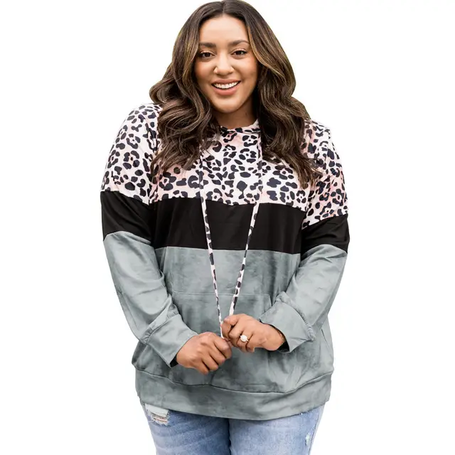 Autumn Leopard Print Leopard Print Contrast Color Casual Style Pullover Hooded Sweater Women Gray - Shop at LoveMi