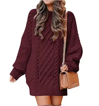 Women's Round Neck Long Sleeve Twisted Knitted Mid-length Dress Sweater - Wine Red