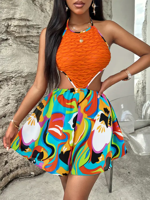 Women's Printed Wear Hollow Out Bright Color Halter Jumpsuit Blue - Shop at LoveMi