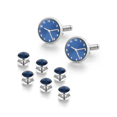 Men's Cufflinks French Shirt Round Drip Shell Cufflinks Cufflink Combo Set Blue Clock - Shop at LoveMi