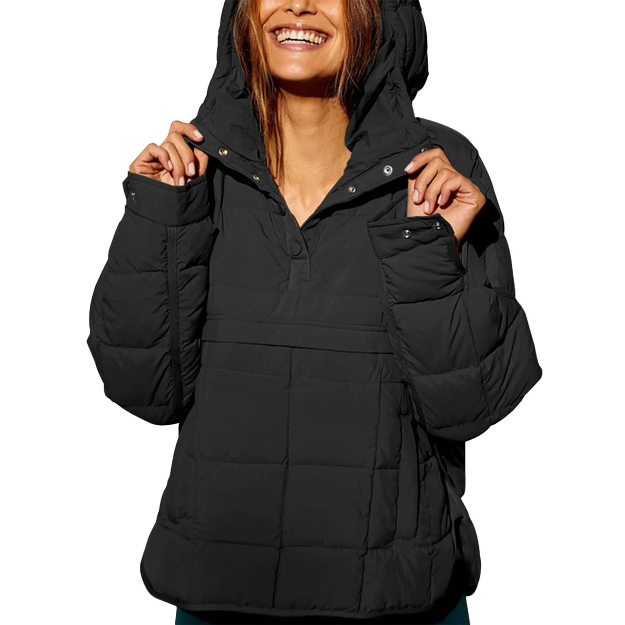 Solid Color Hooded Cotton Jacket Foldable Long Sleeve Coat - Black
