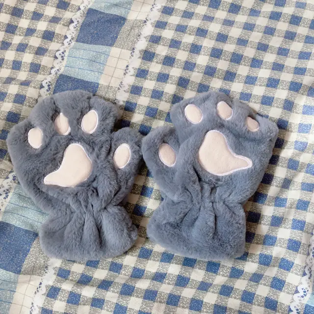 Cute Cat Claw Plush Gloves Female Winter Fleece lined Warm Half Finger Gray - Shop at LoveMi