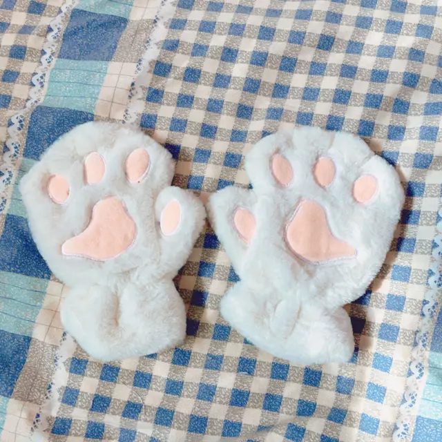Cute Cat Claw Plush Gloves Female Winter Fleece lined Warm Half Finger White - Shop at LoveMi