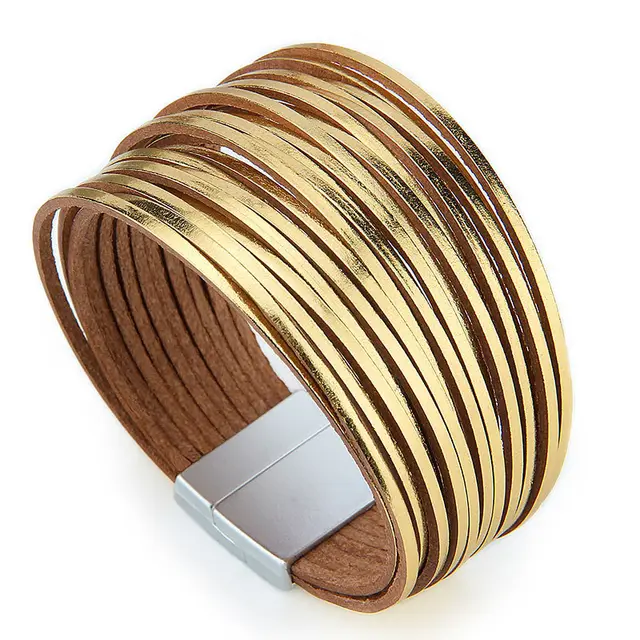 Creative Mixed Color Leather Rope Multi layer Woven Bracelet Gold - Shop at LoveMi