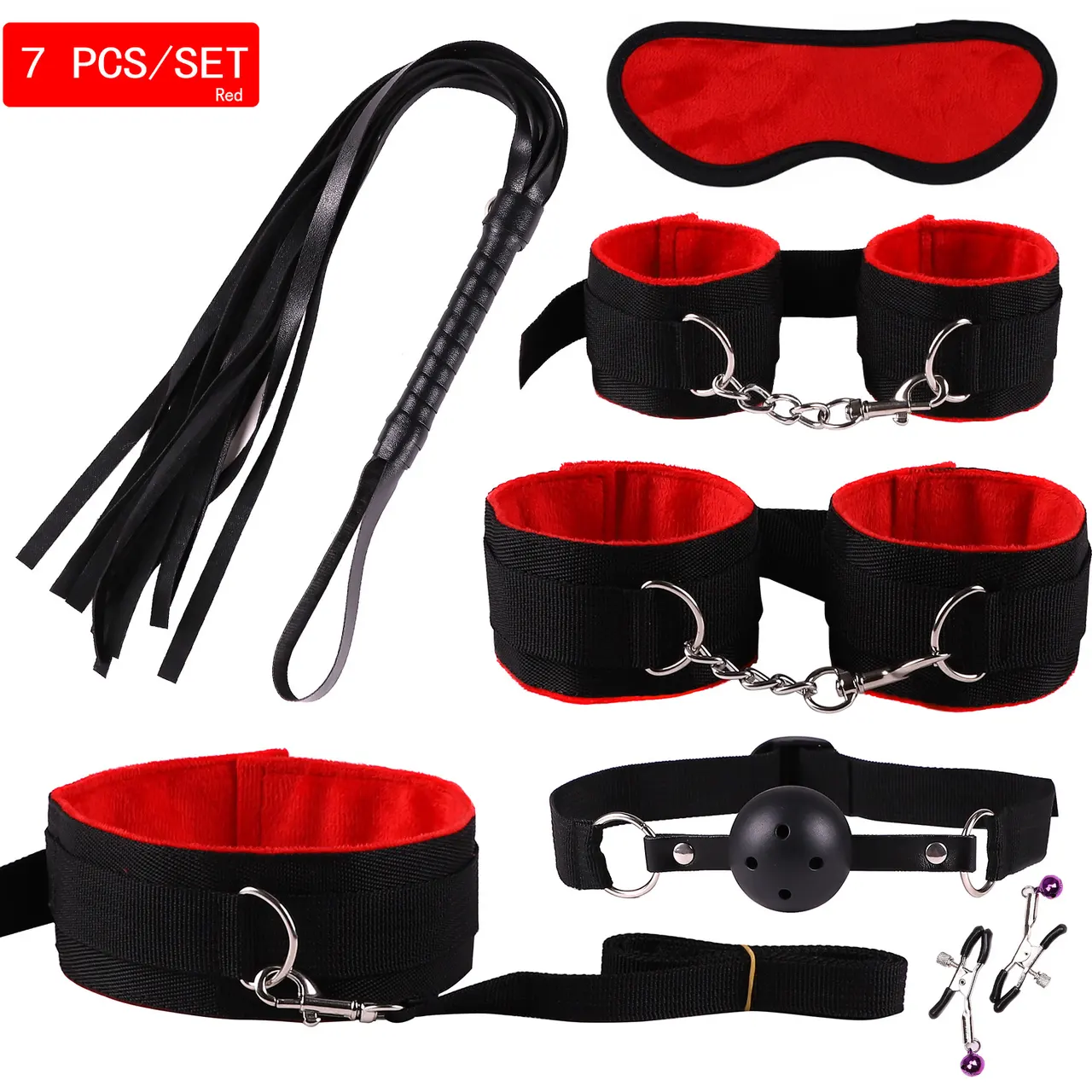 Plush Bondage And Discipline Nylon Leather Suit - Black And Red 7 Pieces