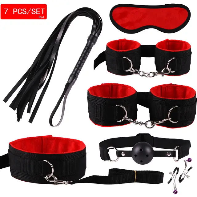 Plush Bondage And Discipline Nylon Leather Suit Black And Red 7 Pieces - Shop at LoveMi