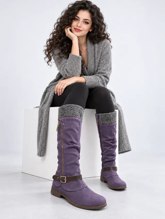 Plus Size Long Tube Women's Boots Chunky Heel Side Zip Wool Stitching Purple - Shop at LoveMi