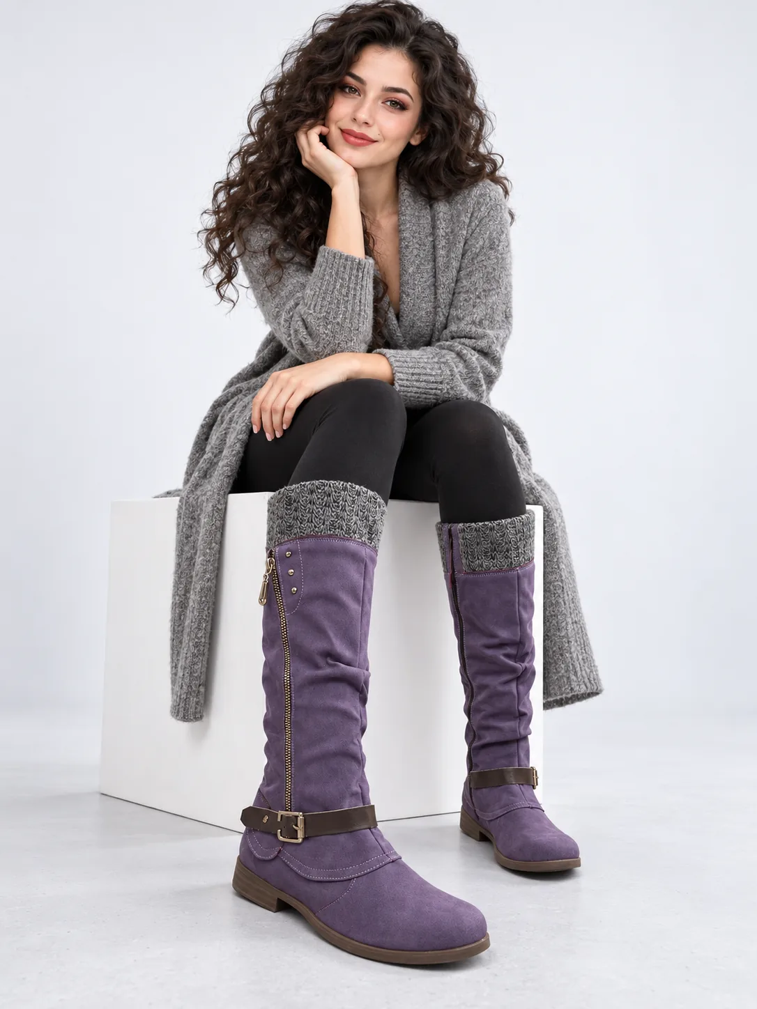 Plus Size Long Tube Women's Boots Chunky Heel Side Zip Wool Stitching - Purple