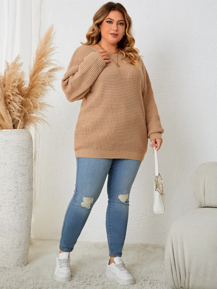 Plus sized Loose Casual Solid Color Sweater For Women Khaki - Shop at LoveMi