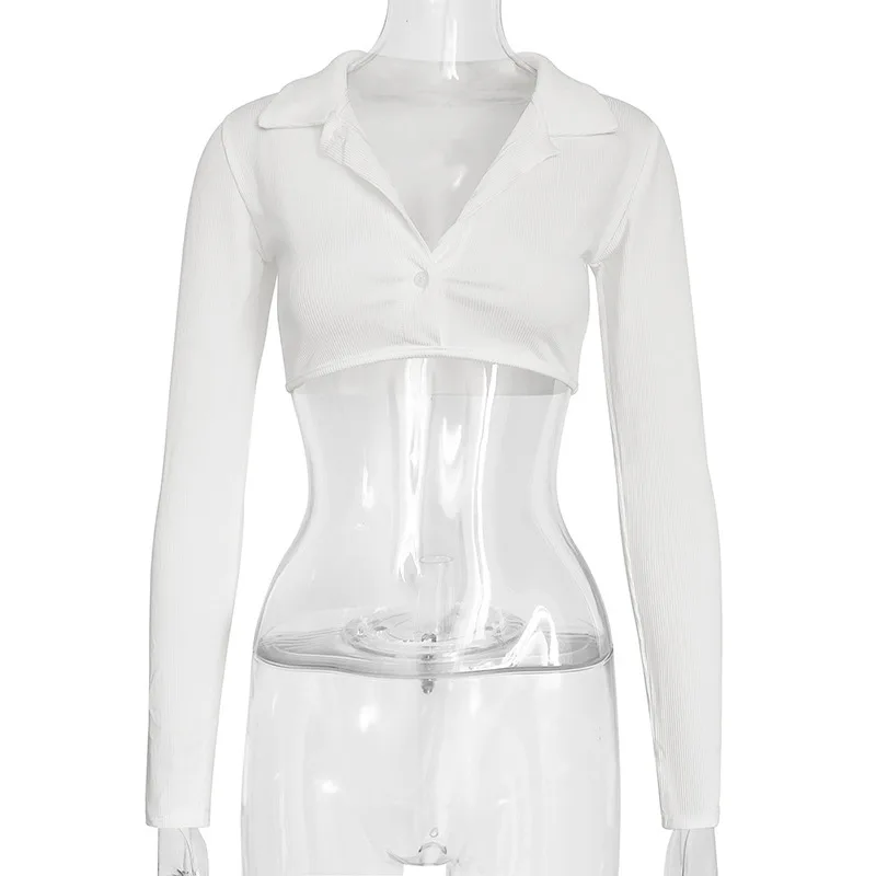 Lapel Breasted Short T shirt Solid Color Top White - Shop at LoveMi