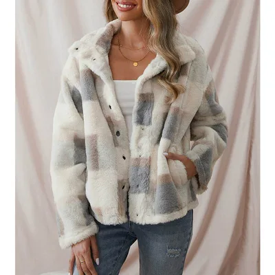Women's Clothing Plaid Plush Jacket Coat Lapel Warm Short Coat Foreign Trade Plaid Xs - Shop at LoveMi