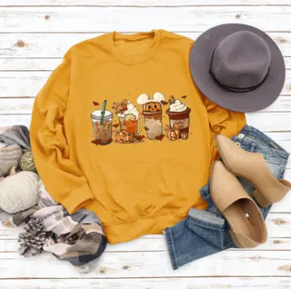 Christmas Latte European American Fashion Floral Print Round Neck Sweater - Yellow