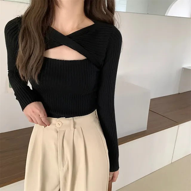 Women's Hollow out Long sleeved Knitted Sweater Black - Shop at LoveMi