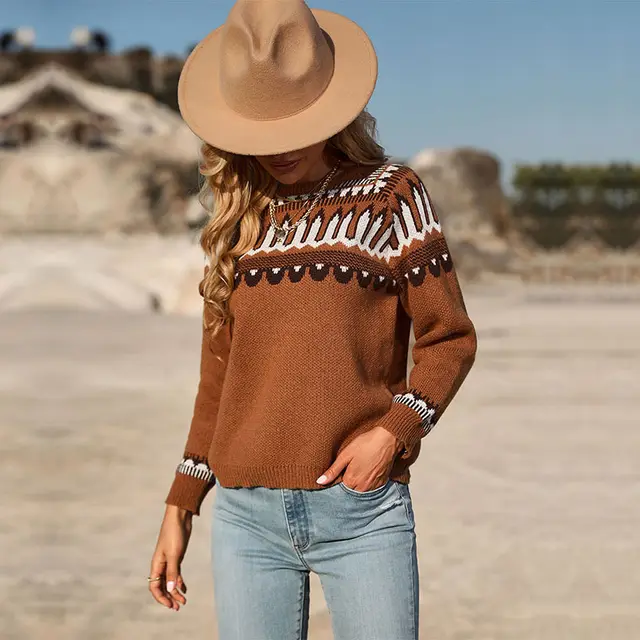 Women's Fashion Loose Sweater Long Sleeve Color Matching Pullover Sweater Brown - Shop at LoveMi
