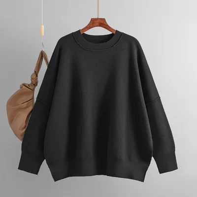 Autumn And Winter New Women's Fashion Round Neck Sweater Solid Color Loose Pullover Black - Shop at LoveMi