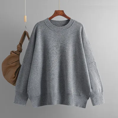 Autumn And Winter New Women's Fashion Round Neck Sweater Solid Color Loose Pullover Gray - Shop at LoveMi