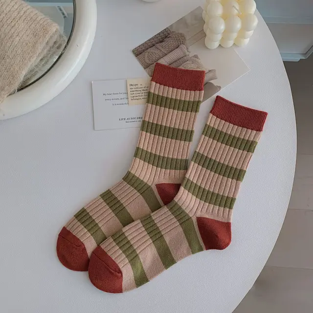 Retro Women Korean Style Warm Fleece Comfortable Skin friendly Tube Socks Over Bold Stripes - Shop at LoveMi