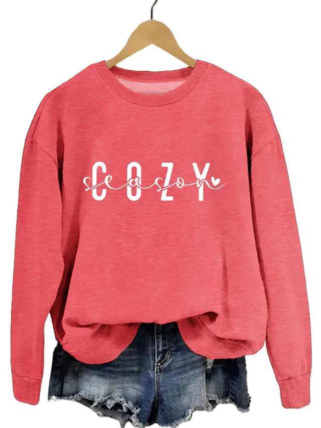 Fashion Printed Cozy Season Autumn Crew Neck Long Sleeve All match Loose Sweater Red And White - Shop at LoveMi