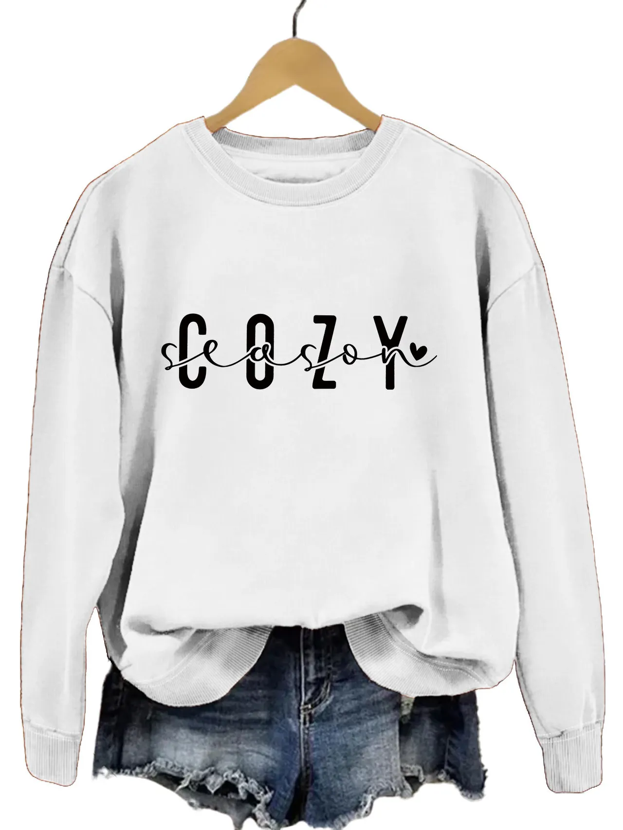 Fashion Printed Cozy Season Autumn Crew Neck Long Sleeve All-match Loose Sweater - White And Black