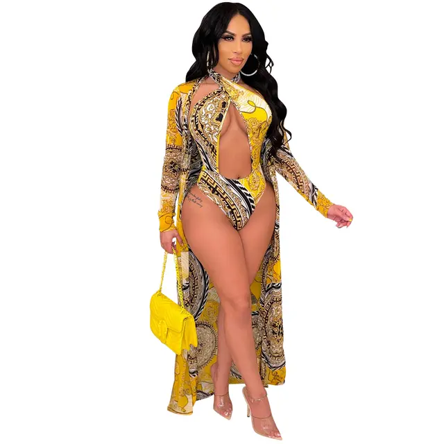 European And American Fashion Sexy Print Long Sleeve Shawl Swimsuit Two piece Black - Shop at LoveMi