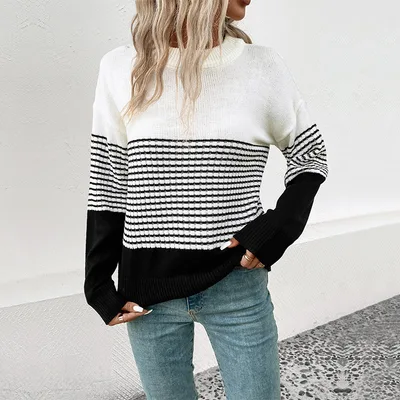 Winter New European And American Women's Clothing Striped Contrast Color Sweater Black - Shop at LoveMi