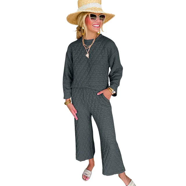 Shiying Autumn And Winter New Round Neck Texture Casual Suit Women Gray - Shop at LoveMi