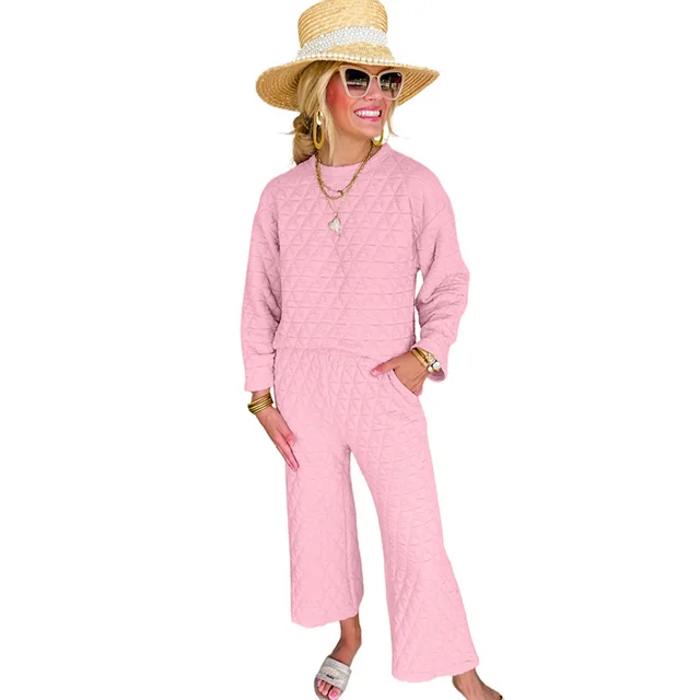 Shiying Autumn And Winter New Round Neck Texture Casual Suit Women Pink - Shop at LoveMi