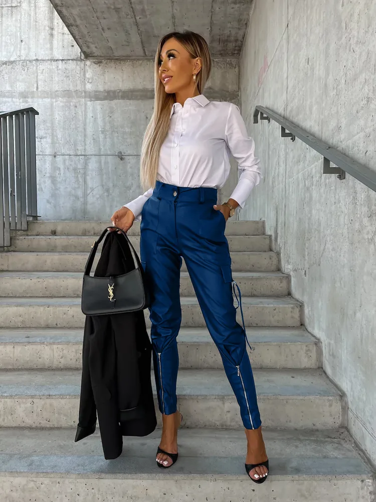 Fall Winter Fashion Slim PU Leather Waist Skinny Trousers Pockets Blue - Shop at LoveMi