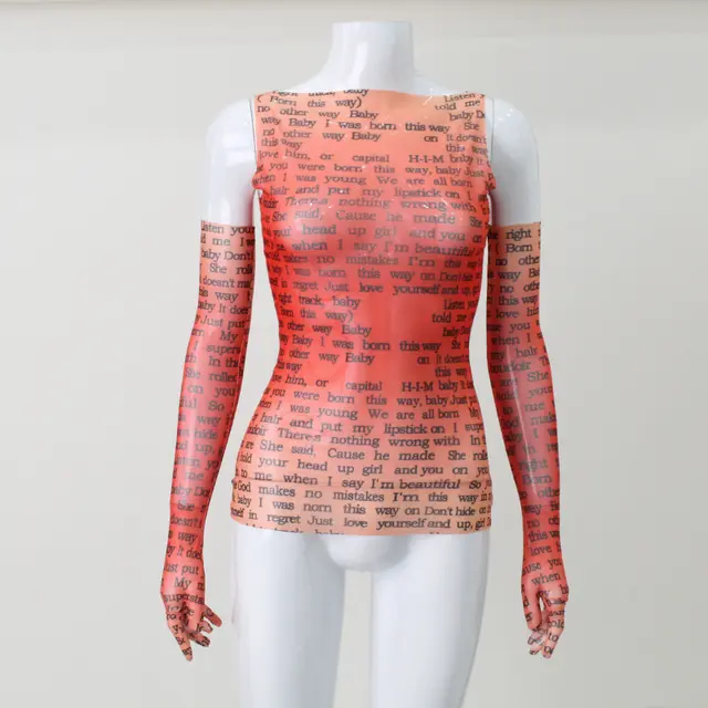 Women's Clothing Letter Vest With Gloves Mesh See through Cool Hot T shirt Red - Shop at LoveMi