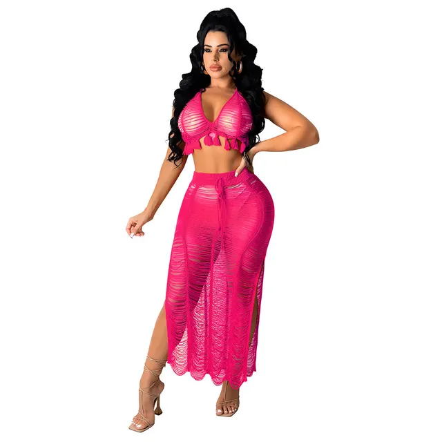 See through Tassel Knitted Beach Skirt Suit Rose Red - Shop at LoveMi