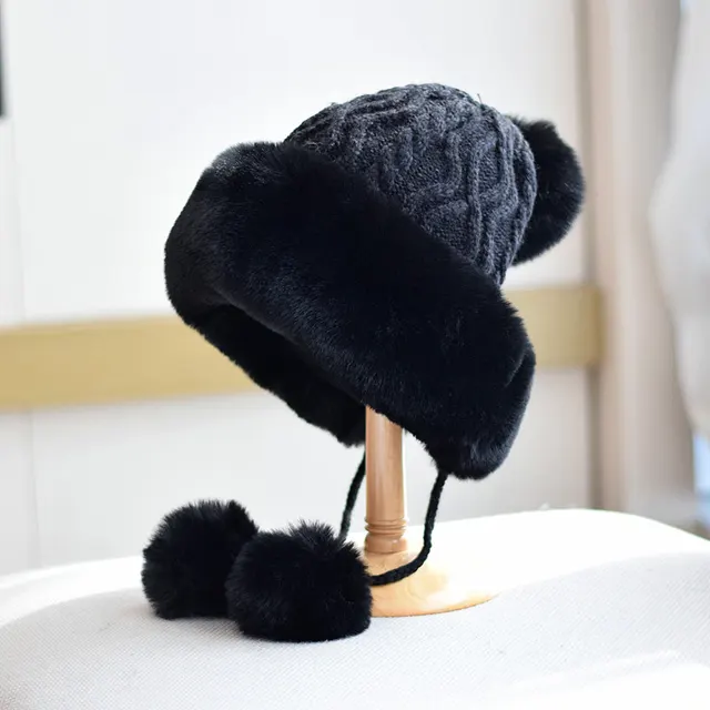 Fur Ball Lace up Back Slit Ushanka Women's Warm Hat Black - Shop at LoveMi