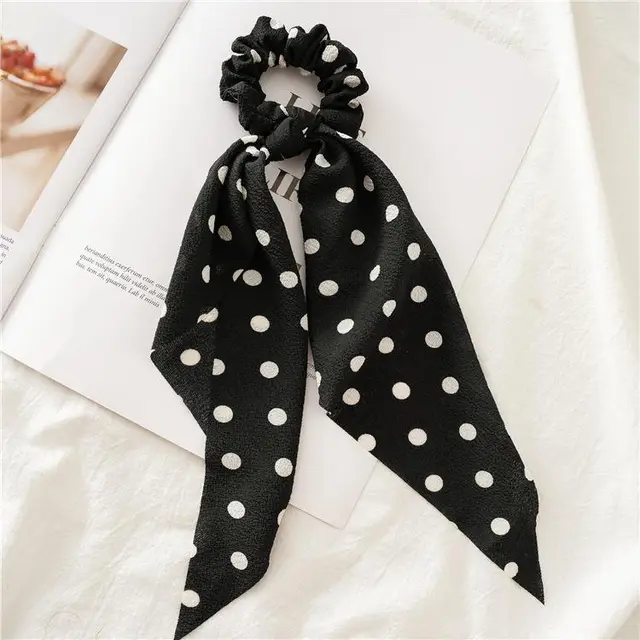 Long Women's Pinched Ponytail Ribbon Headdress Flower Dotted Black - Shop at LoveMi
