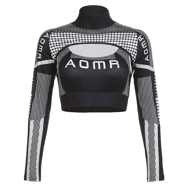 Car Line Print Blouse Short Top Outdoor Wear Personality Turtleneck Long Sleeve T shirt Two piece Set Black And White - Shop at LoveMi