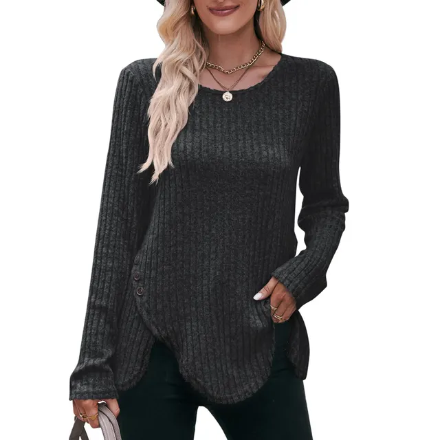 Women's Round neck Sunken Stripe Brushed Solid Color Top Black Gray - Shop at LoveMi