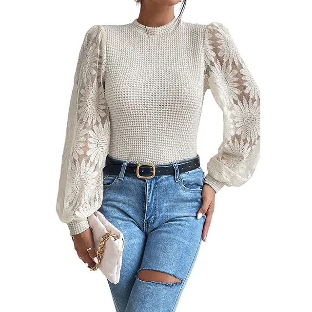 Women's Pullover Sweater Lace Stitching White - Shop at LoveMi