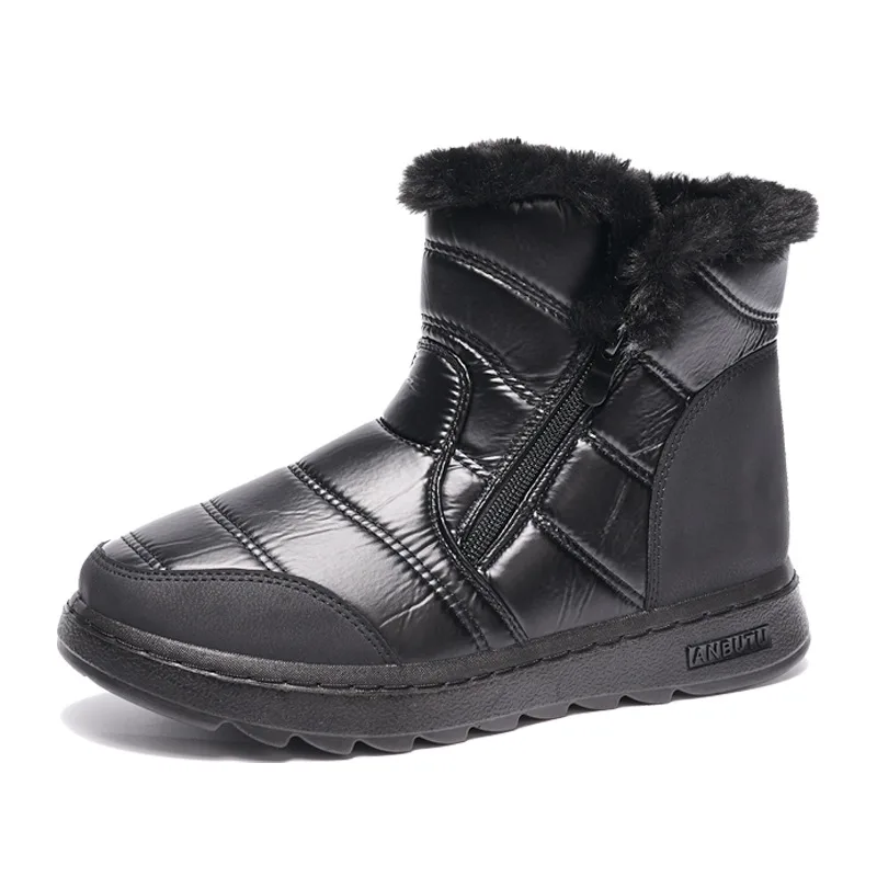 Winter Thick Plush Snow Boots With Side ZIpper High Top Platform Warm Cotton Shoes Women Solid Waterproof Fleece Walking Boot - Black