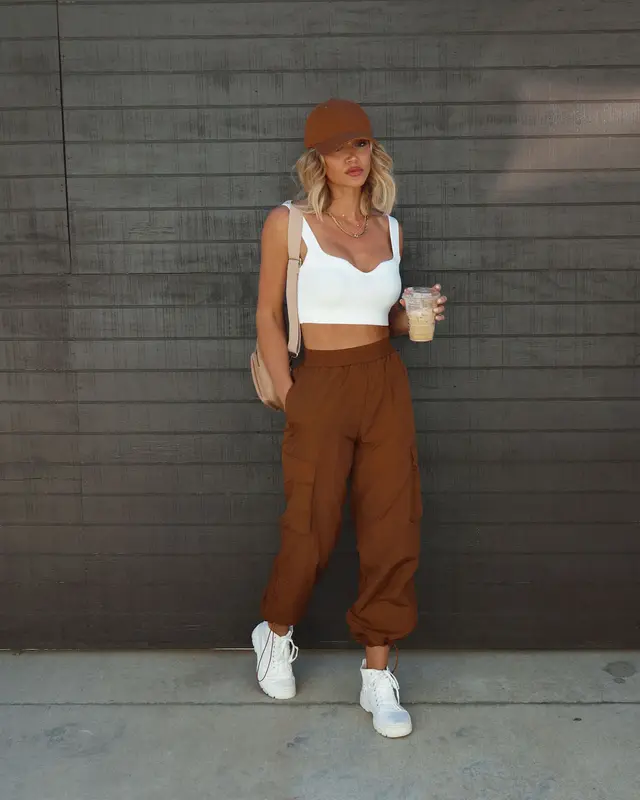 Multi pocket Cargo Pants Women's Elastic Waist Loose Bronze - Shop at LoveMi