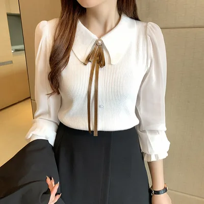 Women's Fashion Long Sleeve Knitted Bottoming Shirt Top White - Shop at LoveMi