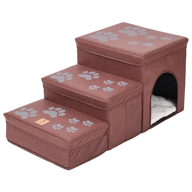 Cat Kennel Cage Multifunctional Dog Stairs Upper Bed Sofa Puppy Climbing Pet Supplies Paw Print Red Rabbit Plush - Shop at LoveMi