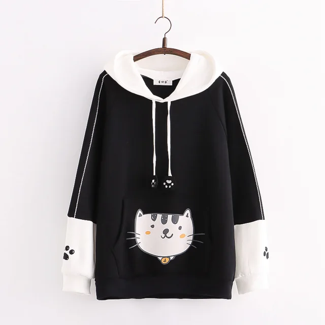 Color Matching Cap Long Sleeve Printing Cat And Fish Brushed Hoody Women's New Thickened Cotton Fleece Shirt Black - Shop at LoveMi