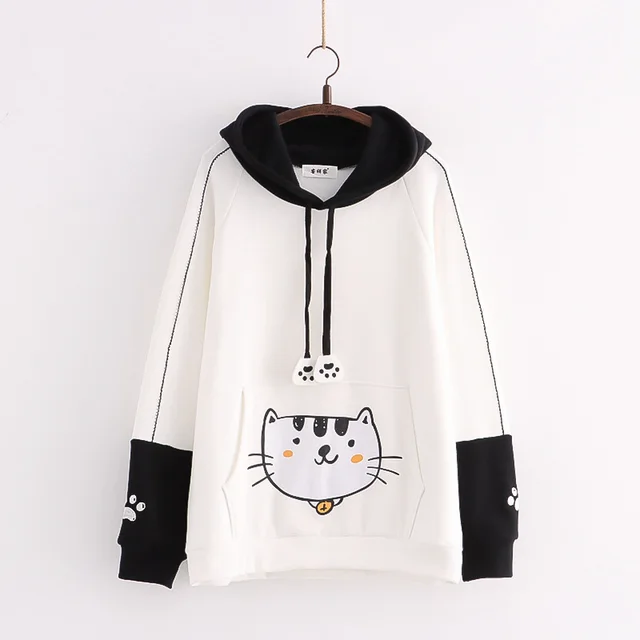 Color Matching Cap Long Sleeve Printing Cat And Fish Brushed Hoody Women's New Thickened Cotton Fleece Shirt White - Shop at LoveMi