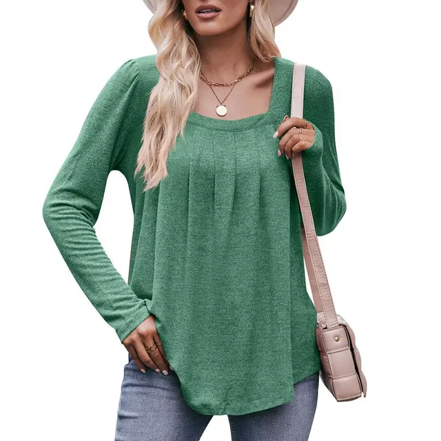 Casual Puff Sleeve Square Collar Pleated Long Sleeve Green - Shop at LoveMi