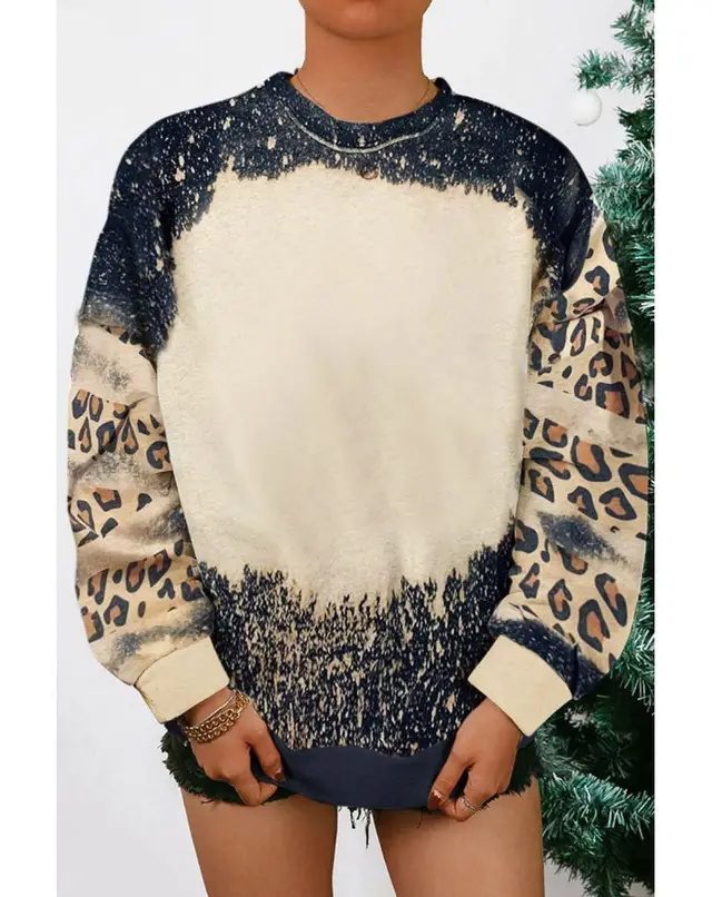 European And American Leopard Print Loose Sweater Round Neck Fashion Top For Women Leopard Print Sleeves - Shop at LoveMi