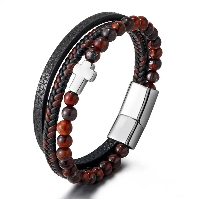 Cross Multi layer Stainless Steel Men's Bracelet Agate Stone White Cross - Shop at LoveMi