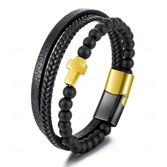 Cross Multi layer Stainless Steel Men's Bracelet Frosted Stone - Shop at LoveMi