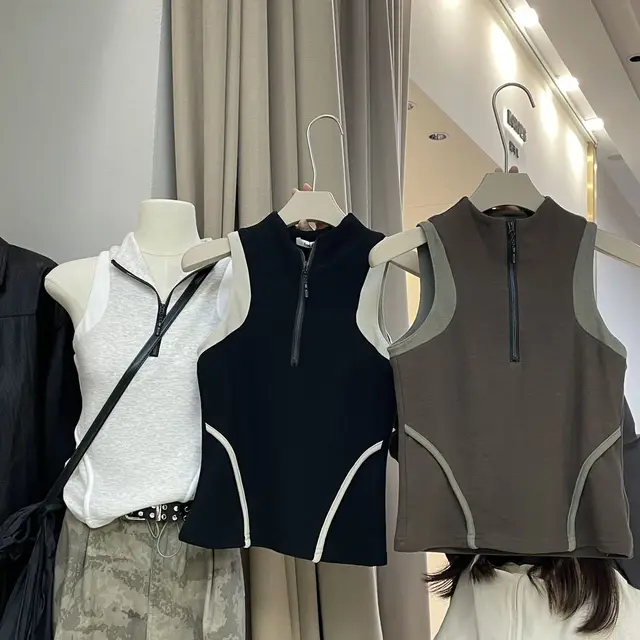 Autumn New Contrast Color Sports Half Zipper Sleeveless Top Black With Antique Gray - Shop at LoveMi