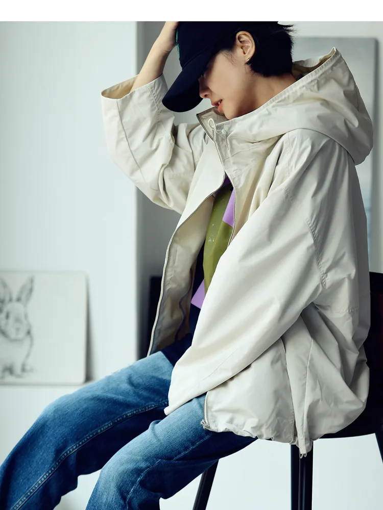 Korean style Literary And Leisure Simple Short Front And Long Back Loose Versatile Hooded Trench Coat Beige - Shop at LoveMi