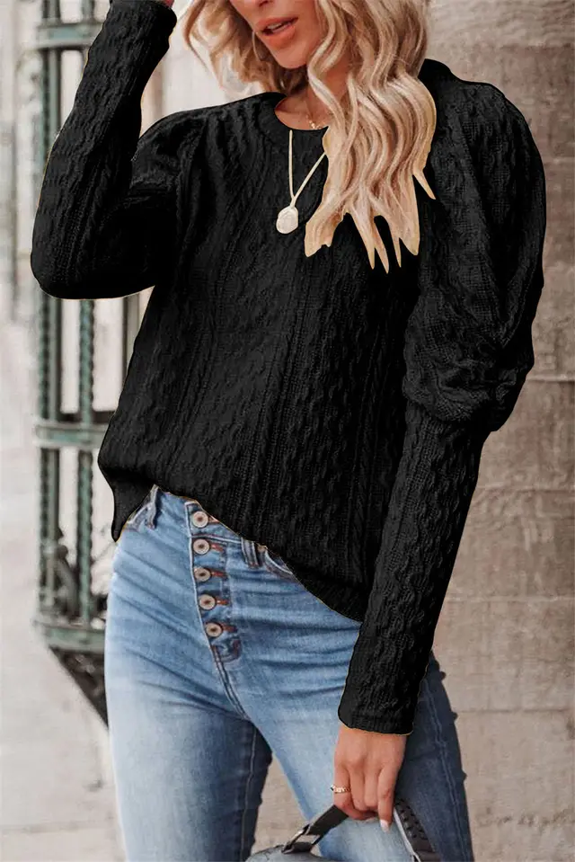 Women's Solid Color Jacquard Round Neck Gigot Sleeve Knitted Sweater Top Black - Shop at LoveMi
