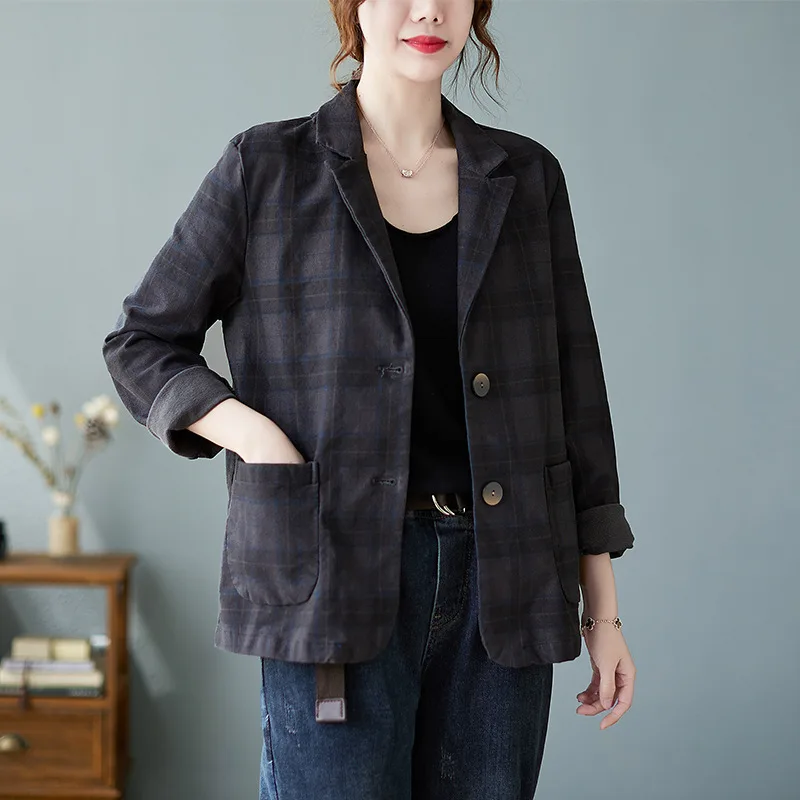 Plaid Cotton Suit Short Coat Blue - Shop at LoveMi