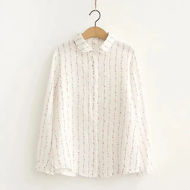 Autumn New Double layer Cotton Yarn Long Sleeves Shirt Women's Korean style Loose Artistic Small Floral Cotton Soft Shirt White - Shop at LoveMi